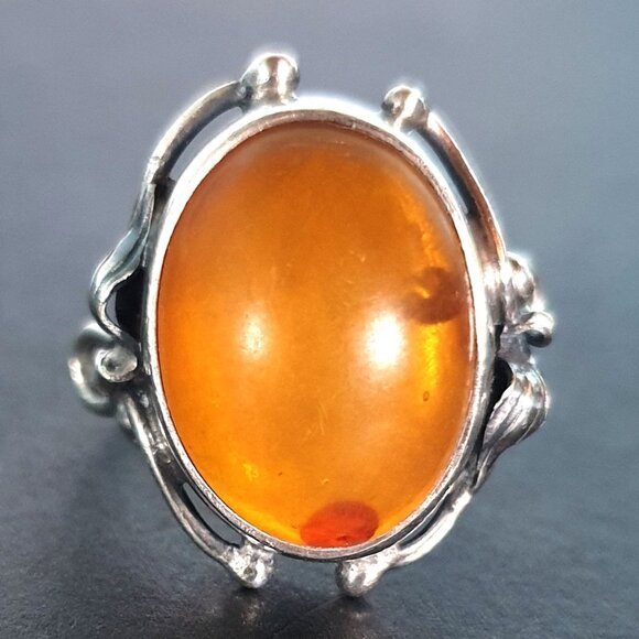 One of a Kind Antique Art Nouveau Baltic Amber Sterling Silver Floral Ring - Picture 1 of 14